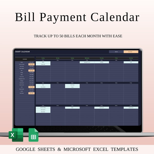 Bill Payment Calendar Template Excel & Google Sheets (Dark Theme)