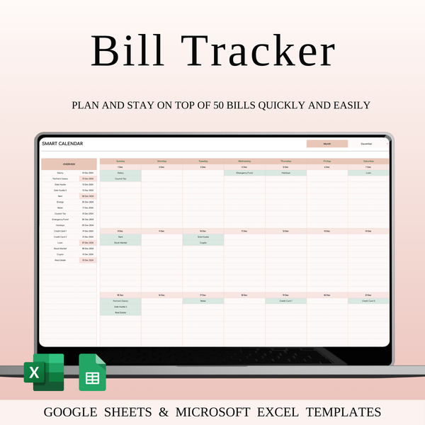 Bill Tracker Calendar Template Excel & Google Sheets (Elegant Theme)