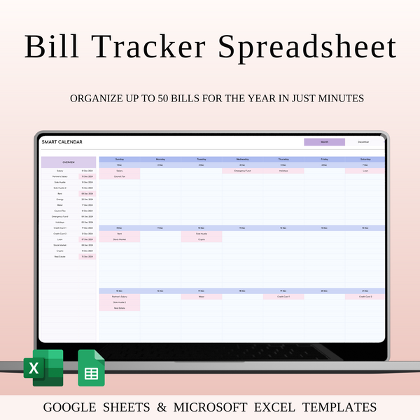 Bill Tracker Spreadsheet for Excel & Google Sheets (Rainbow Theme)