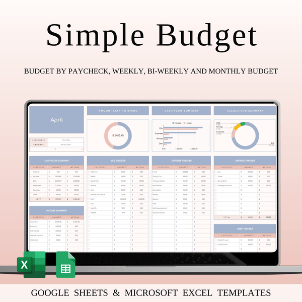 Budget Planner Excel & Google Sheets, Monthly Budget Spreadsheet, Personal Finance Tracker