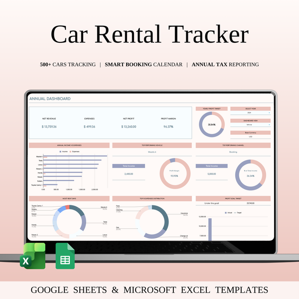 Car Rental Management & Booking Tracker, Excel & Google Sheets Template - SpreadsheetsHub