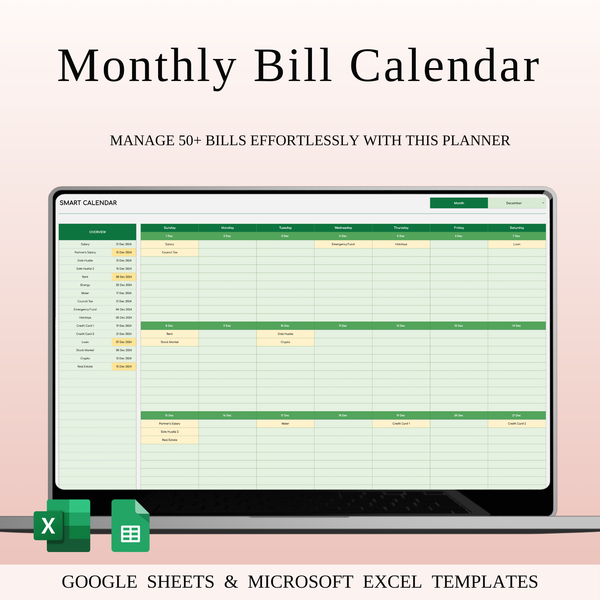 Monthly Bill Calendar Spreadsheet Template (Green Theme)