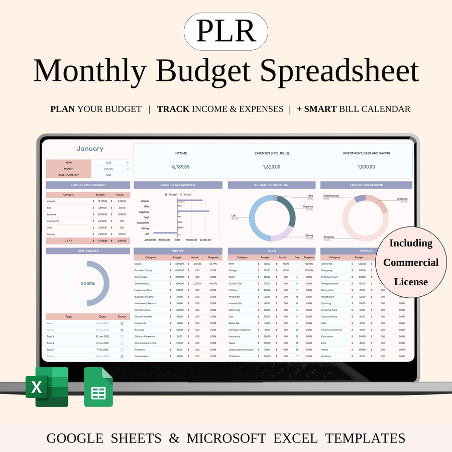 PLR - Monthly Budget Spreadsheet Template