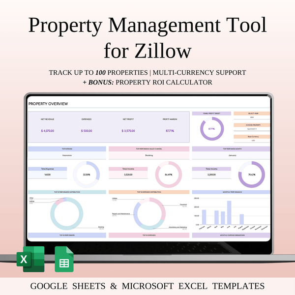 Property Management Tool for Zillow | Excel & Google Sheets Template (Rainbow Theme) - SpreadsheetsHub