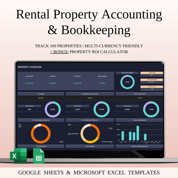 Rental Property Accounting & Bookkeeping | Excel & Google Sheets Template (Dark Theme) - SpreadsheetsHub