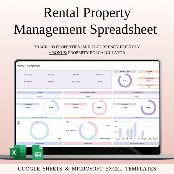 Rental Property Management Spreadsheet | Excel & Google Sheets Template (Rainbow Theme) - SpreadsheetsHub