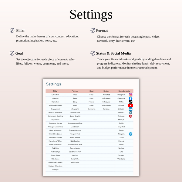 Settings - Social Media Calendar - SpreadsheetsHub